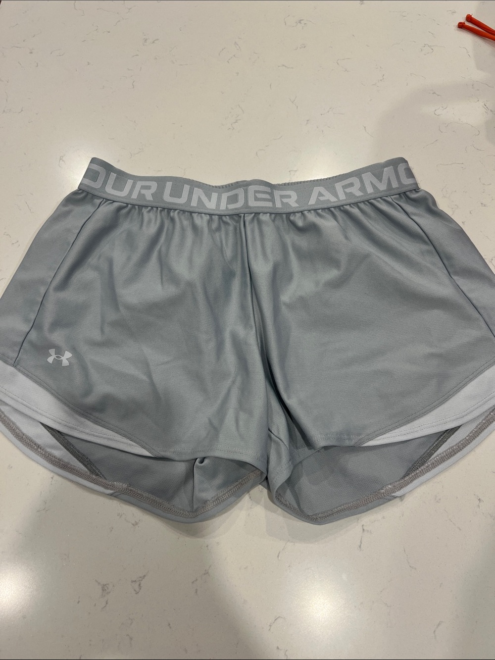 Under Armour Women’s Light Gray Athletic Shorts with Logo Waistband